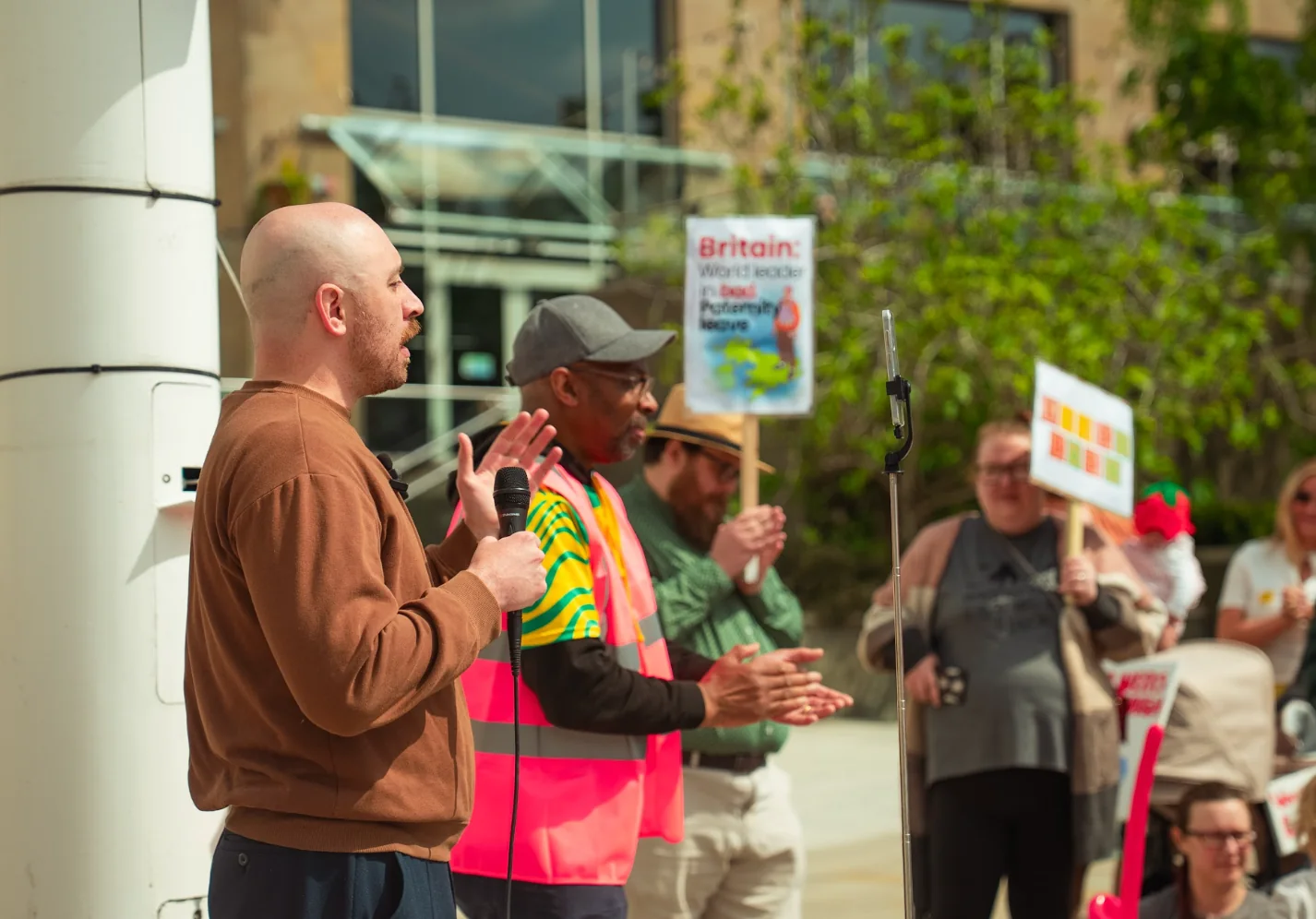 Leeds Dads protest speaker and supporters at the paternity rights march