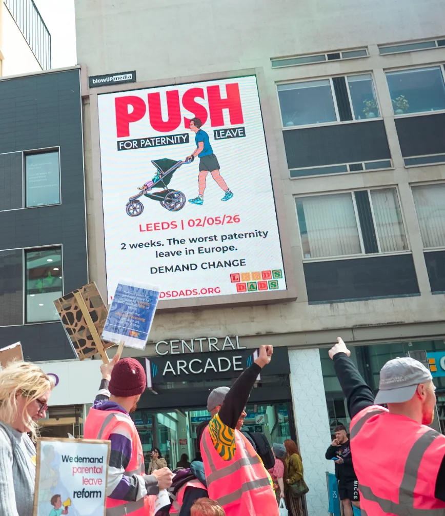 Leeds Dads paternity rights billboard and supporters