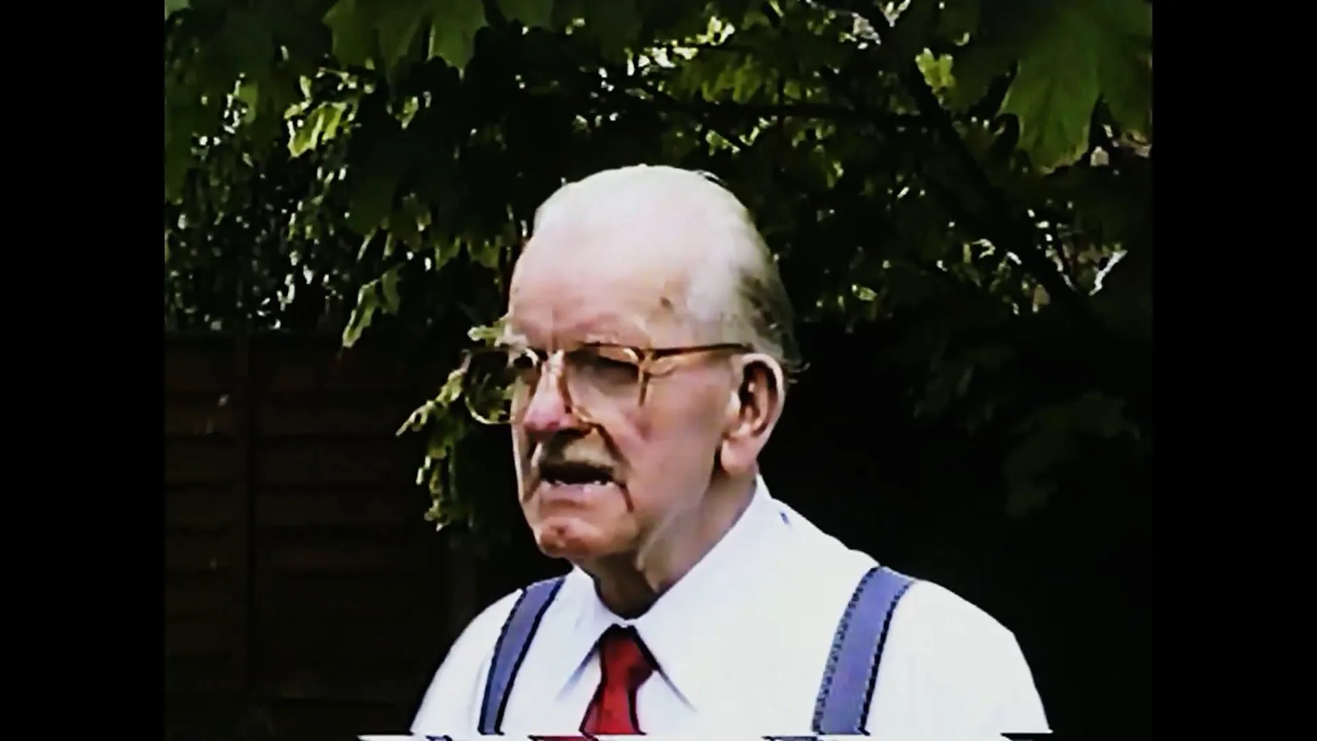 Original VHS portrait of an older man standing in front of foliage