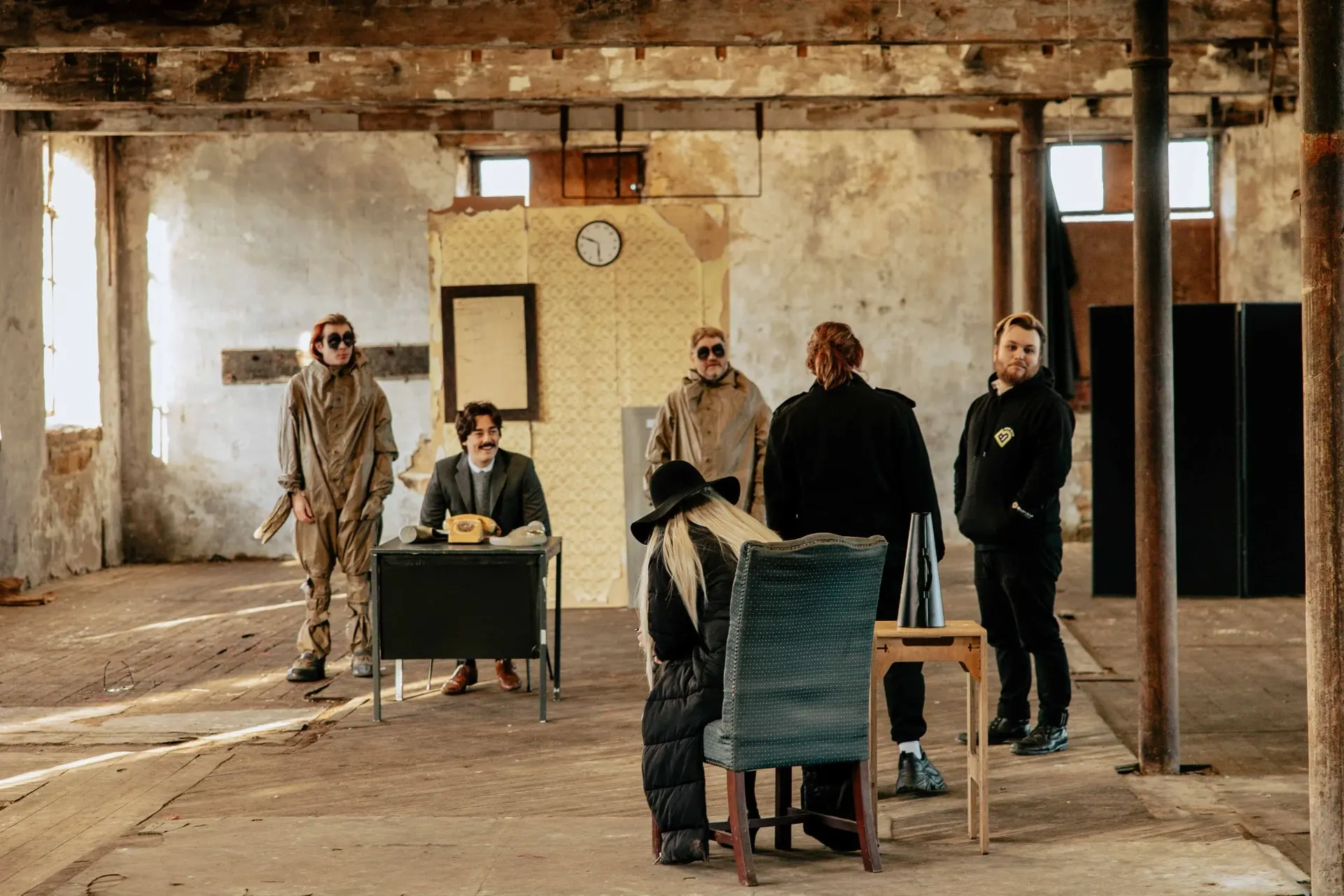 Behind-the-scenes wide photograph from the Answer The Telephone warehouse set